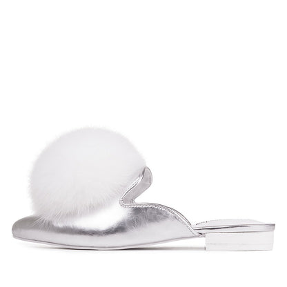 Women's Metallic Silver Pom Mule Loafers Comfortable Flats
