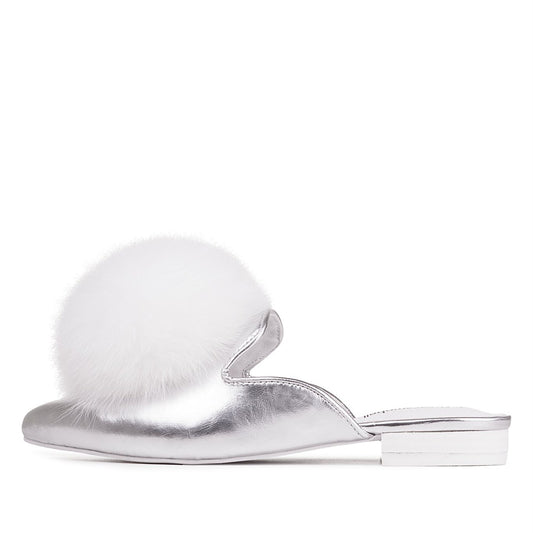 Women's Metallic Silver Pom Mule Loafers Comfortable Flats