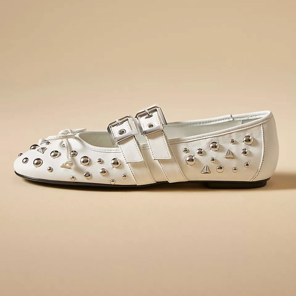 White Round-Toe Buckled Straps Studded Flats with Bow Decor