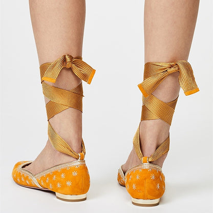 Yellow Vegan Suede Pointed Toe Wrap Strappy Flower Ballet Flats