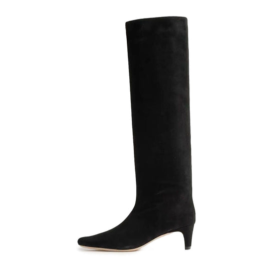 Black Vegan Suede Square Toe Chunky Heel Long Boots for Women