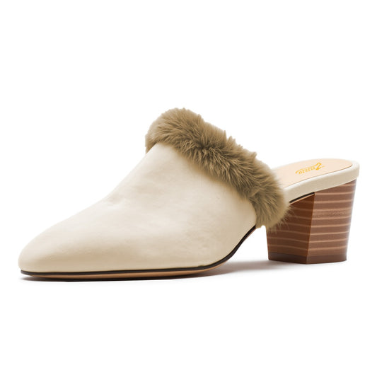 Beige Vegan Suede Closed-Toe Block Heel Faux Fur Trim Mules Shoes