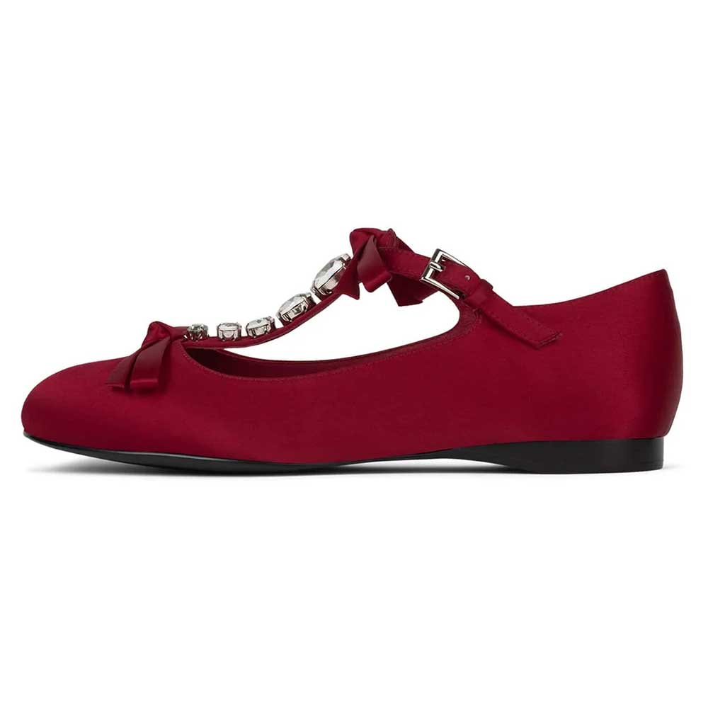 Satin Rhinestone T-Strap Bow Decor Mary Jane Flats in Red