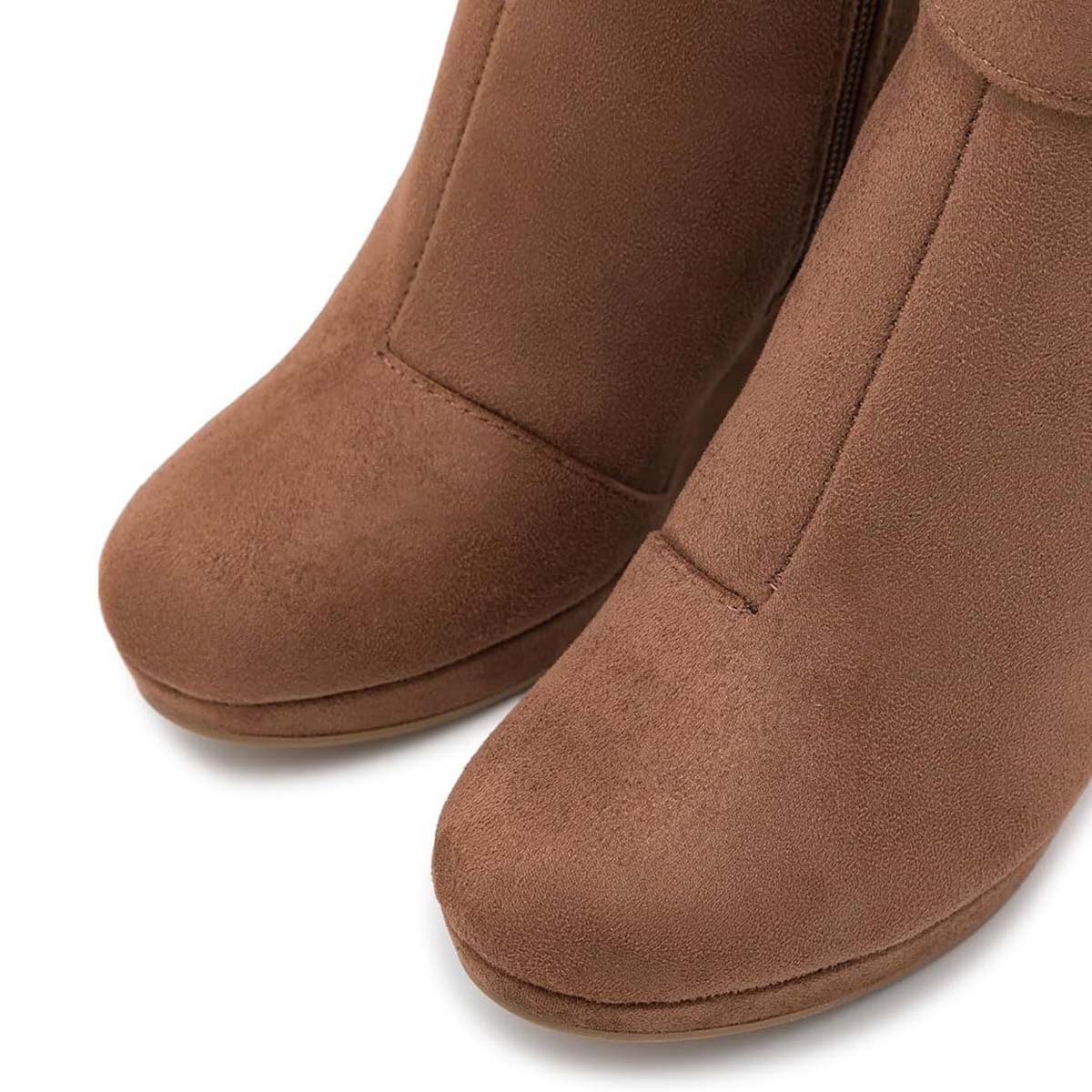 Brown Round Toe Buckle Strap Wedge Heel Platform Knee High Boots