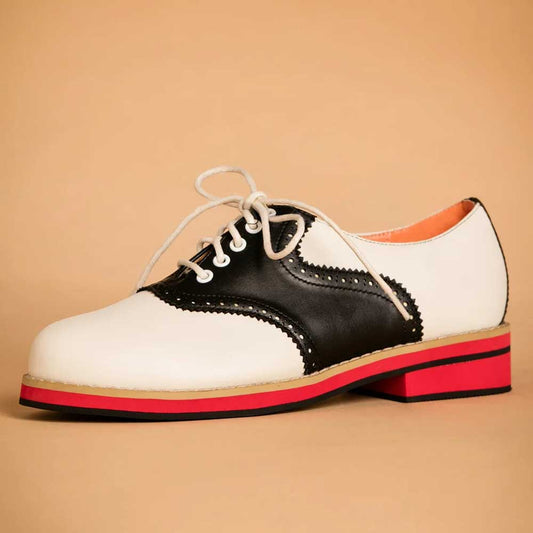 Black & White Vegan Leather Round Toe Lace Up Oxford Flats