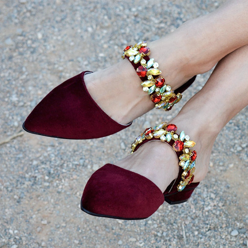 Women's Maroon Velvet Pointed Toe Flat Mules with Rhinestones Strap