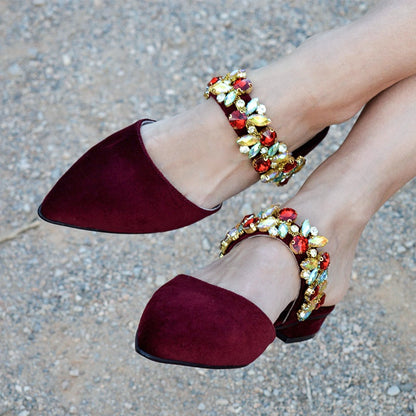 Women's Maroon Velvet Pointed Toe Flat Mules with Rhinestones Strap