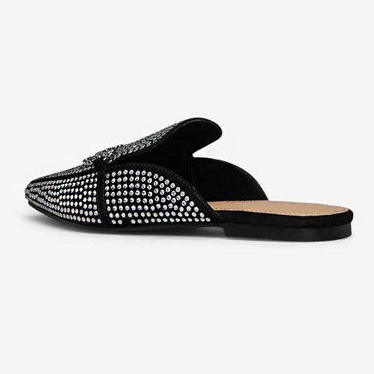 Black Square Toe Flats Rhinestones Mule Loafers for Women