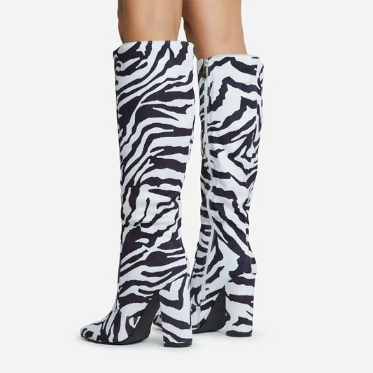 Women's White & Black Zebra Print Chunky Heel Zipper Knee High Boots