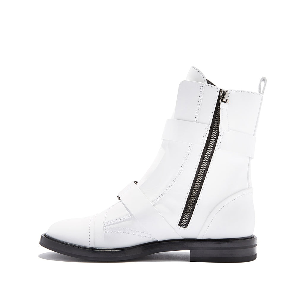 Women's White Casual Round Toe Flat Buckle Boots