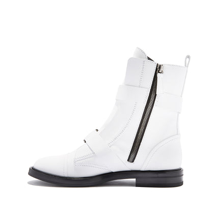 Women's White Casual Round Toe Flat Buckle Boots