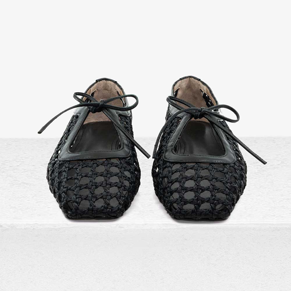 Black Square Toe Woven Hollow Out Lace Up Flat Shoes for Women