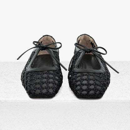 Black Square Toe Woven Hollow Out Lace Up Flat Shoes for Women