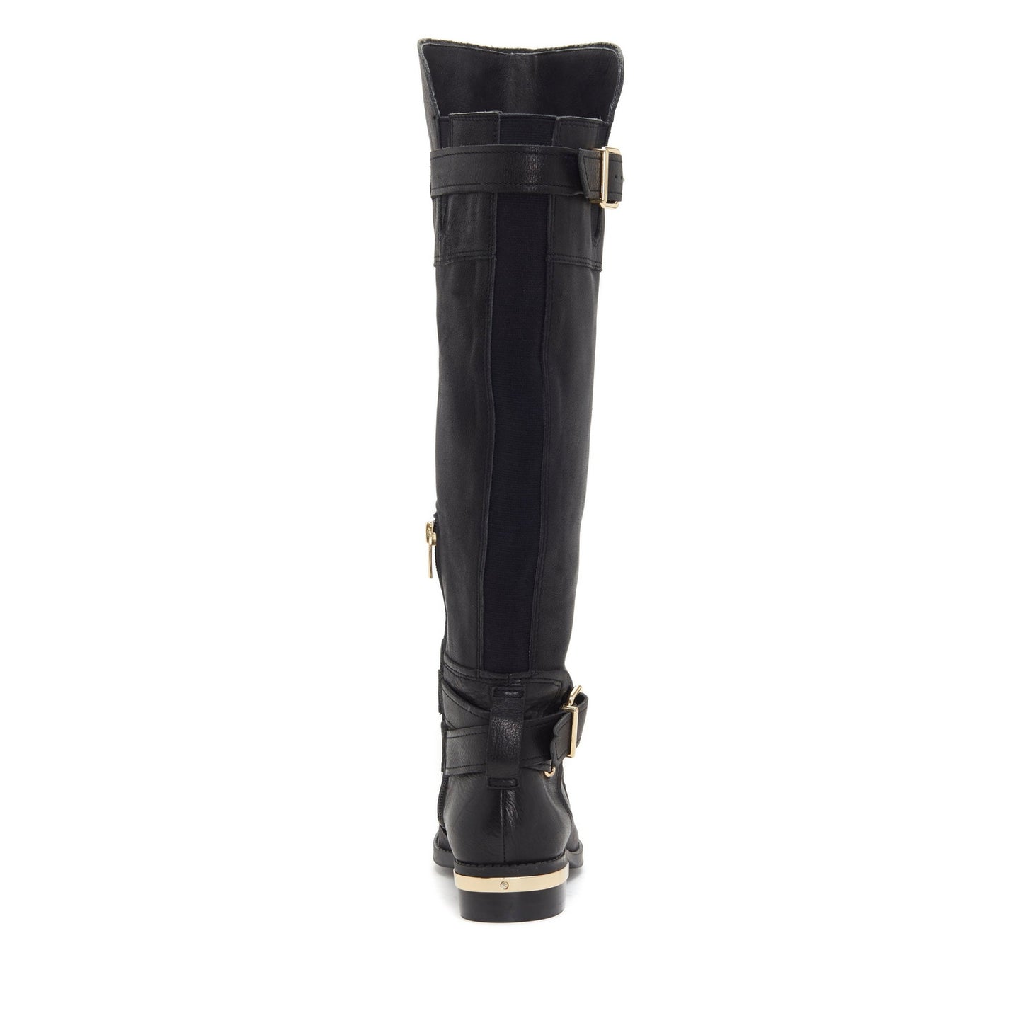 Women's Round Toe Buckle Strap Flat Knee High Boots in Black