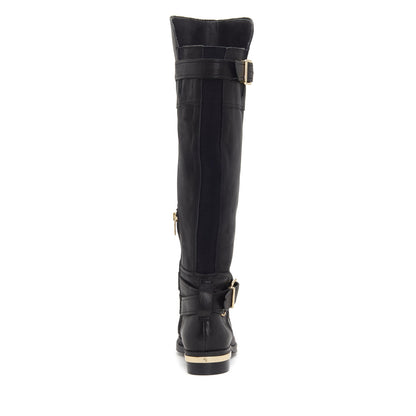 Women's Round Toe Buckle Strap Flat Knee High Boots in Black