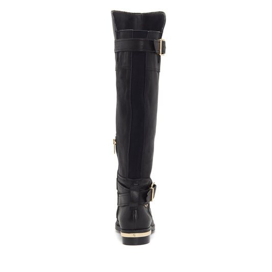 Women's Round Toe Buckle Strap Flat Knee High Boots in Black
