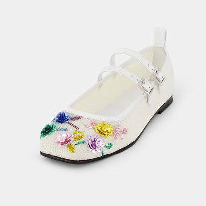 White Mesh Closed Toe Mary Jane Flats with Beads & Sequins Flowers