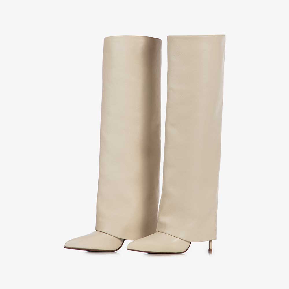 Beige Pointed Toe Stiletto Heel Fold Over Wide Claf Knee High Boots