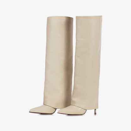 Beige Pointed Toe Stiletto Heel Fold Over Wide Claf Knee High Boots