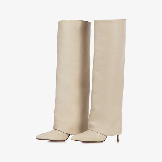 Beige Pointed Toe Stiletto Heel Fold Over Wide Claf Knee High Boots