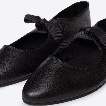 Black Vegan Leather Closed-Toe Lace-Up Comfy Ballet Flats