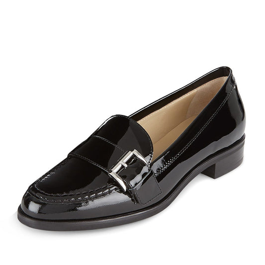 Black Round Toe Buckle Strap Patent Leather Flat Women's Loafers