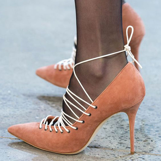 Orange Vegan Suede Pointy Toe Stiletto Heels Strappy Office Pumps
