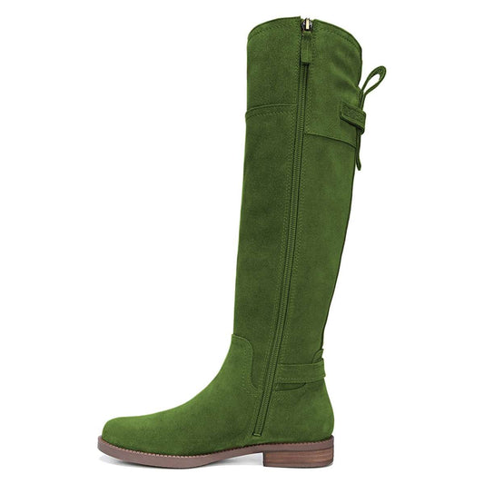Green Vegan Suede Zipper Round Toe Flat Knee High Boots