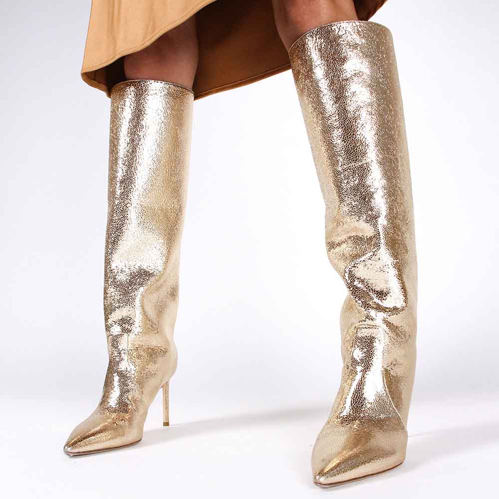 Gold Metallic Pointed Toe Stiletto Heel Wide Calf Knee High Boots