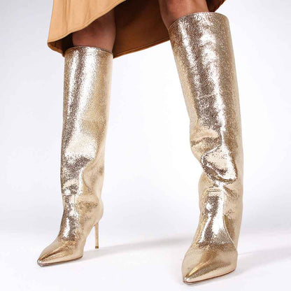 Gold Metallic Pointed Toe Stiletto Heel Wide Calf Knee High Boots