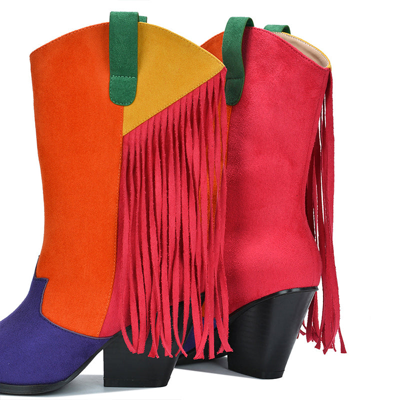 Women's Multicolor Patchwork Fringe Cowgirl Boots with Chunky Heels