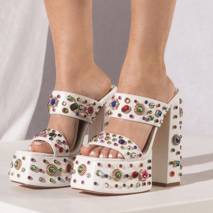 White Square Toe Chunky Heel Crystal Platform Mules with Double Strap