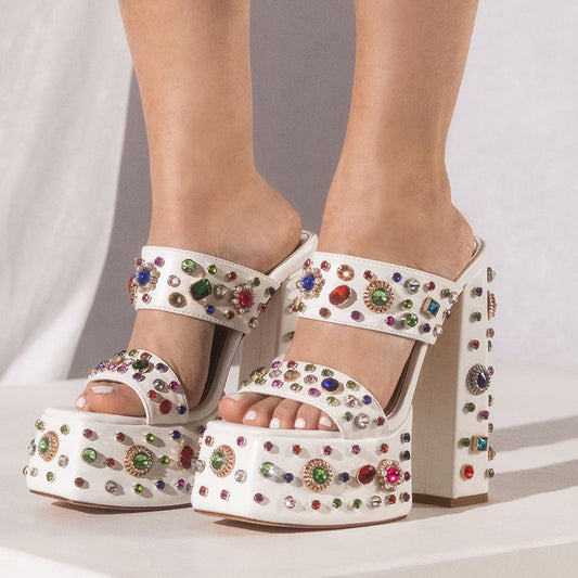 White Square Toe Chunky Heel Crystal Platform Mules with Double Strap