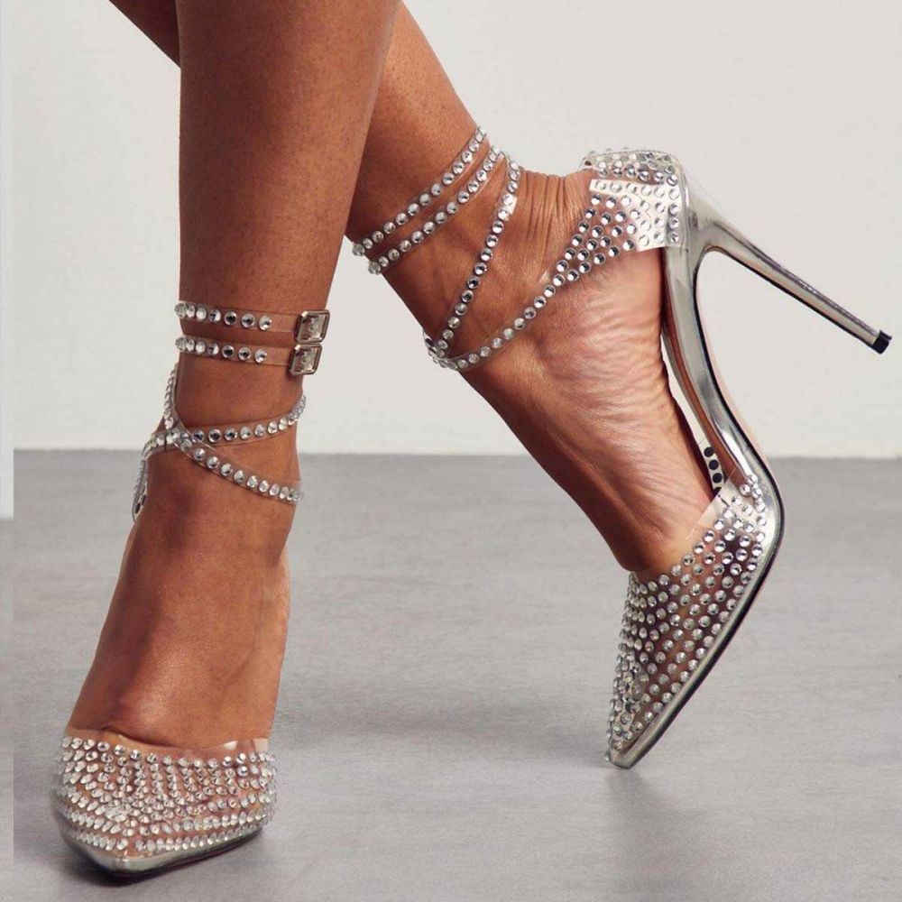 Women's Pointed Toe Clear Heels Wrap Strappy Rhinestone Pumps
