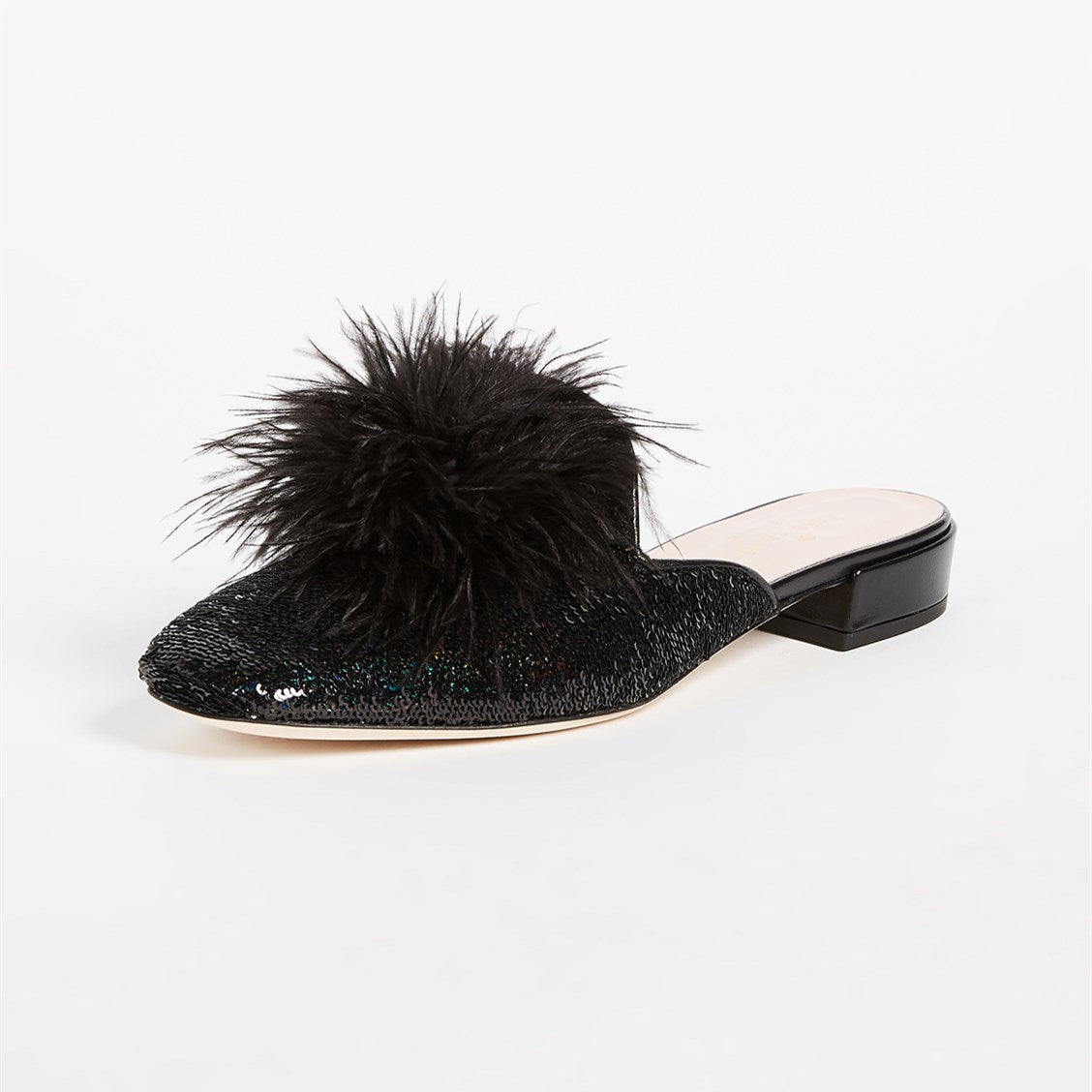 Black Sequin Flats Women's Faux Feather Mule Loafers