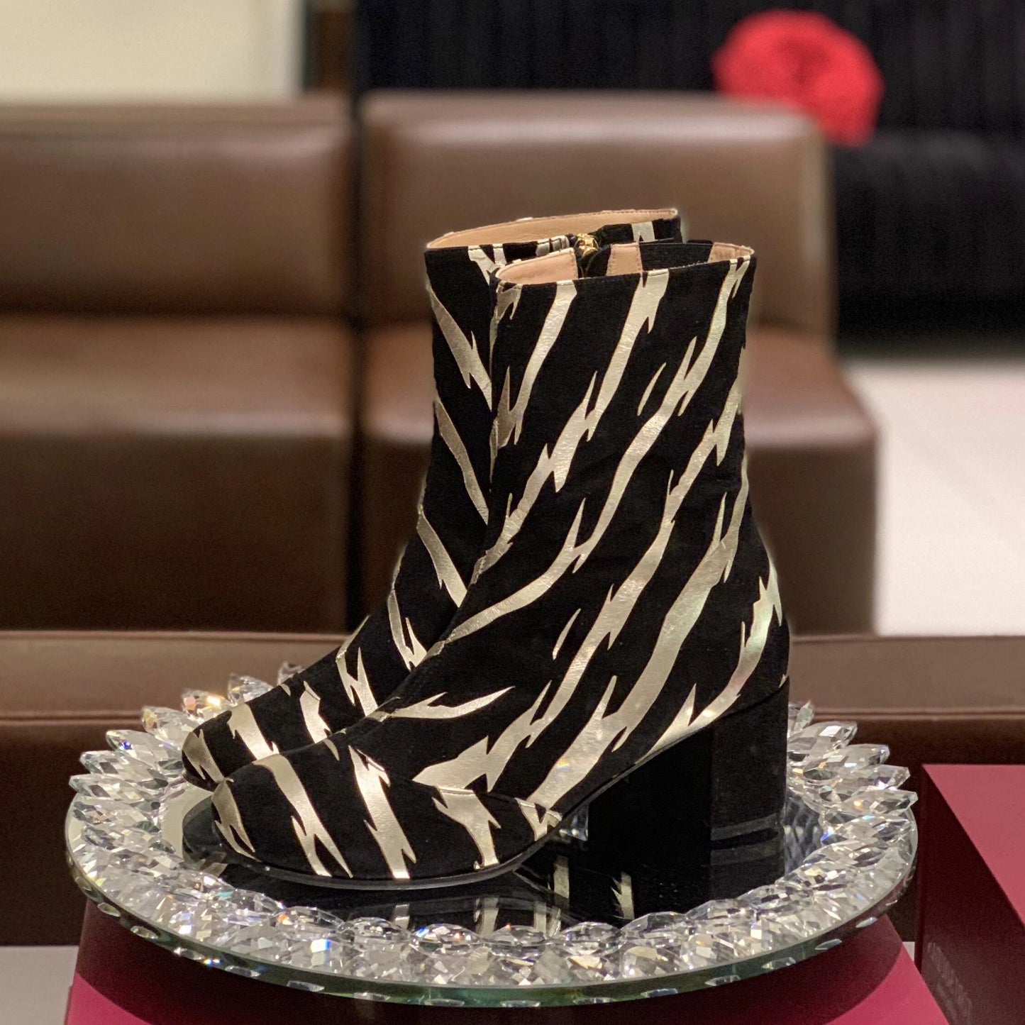 Black & Champagne Block Heel Round Toe Ankle Boots