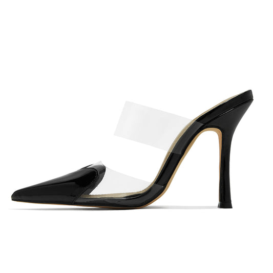 Black & Clear Pointed Toe 4'' Stiletto Heel Mules