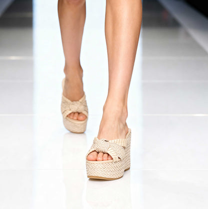 Beige Woven Open Toe Wedge Heel Knot Mules Sandals with Platform
