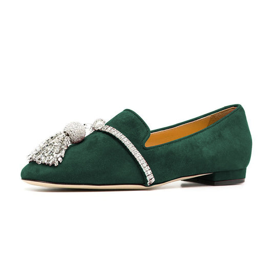 Green Vegan Suede Rhinestone Ornament Flat Loafers for Women