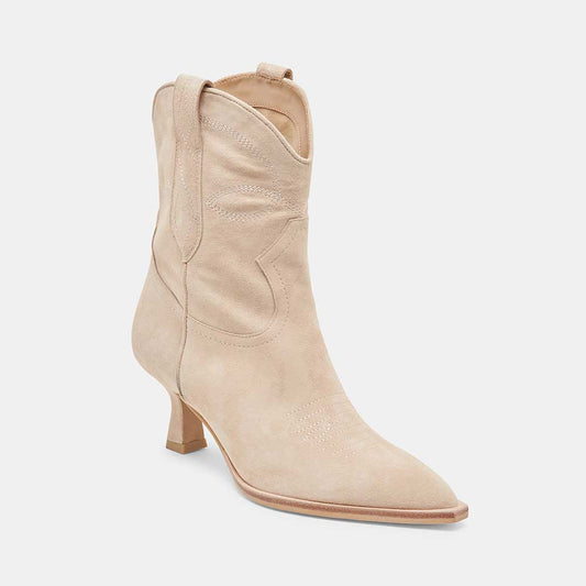 Beige Pointed Toe Kitten Heel Pull Tab Ankle Boots with Stitching