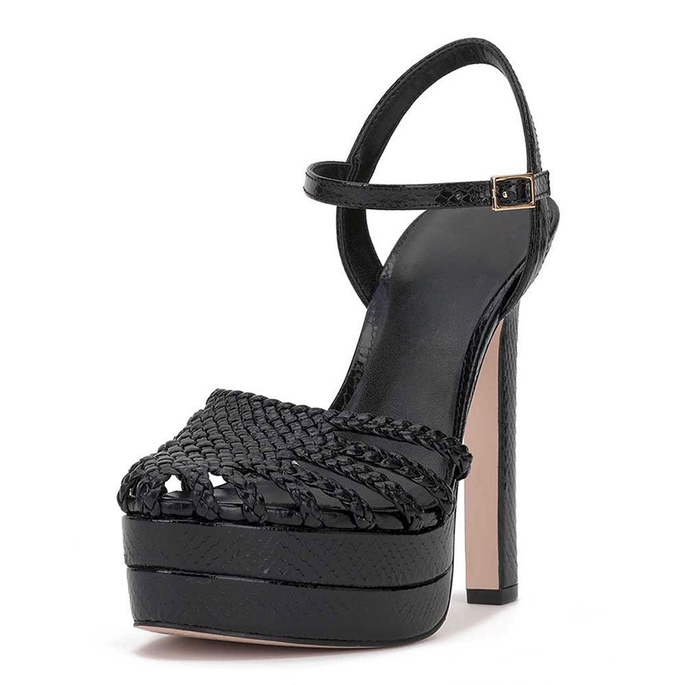 Black Woven Round Toe Chunky Heel Buckle Ankle Strap Platform Sandals