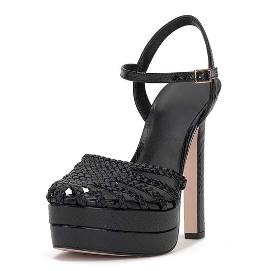 Black Woven Round Toe Chunky Heel Buckle Ankle Strap Platform Sandals