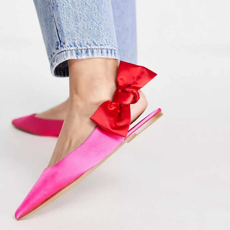 Hot Pink Satin Pointed Toe Red Bow Embellished Slingback Flats