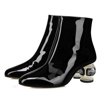 Black Pointed Toe Decorative Heel Side-Zip Elegant Ankle Boots