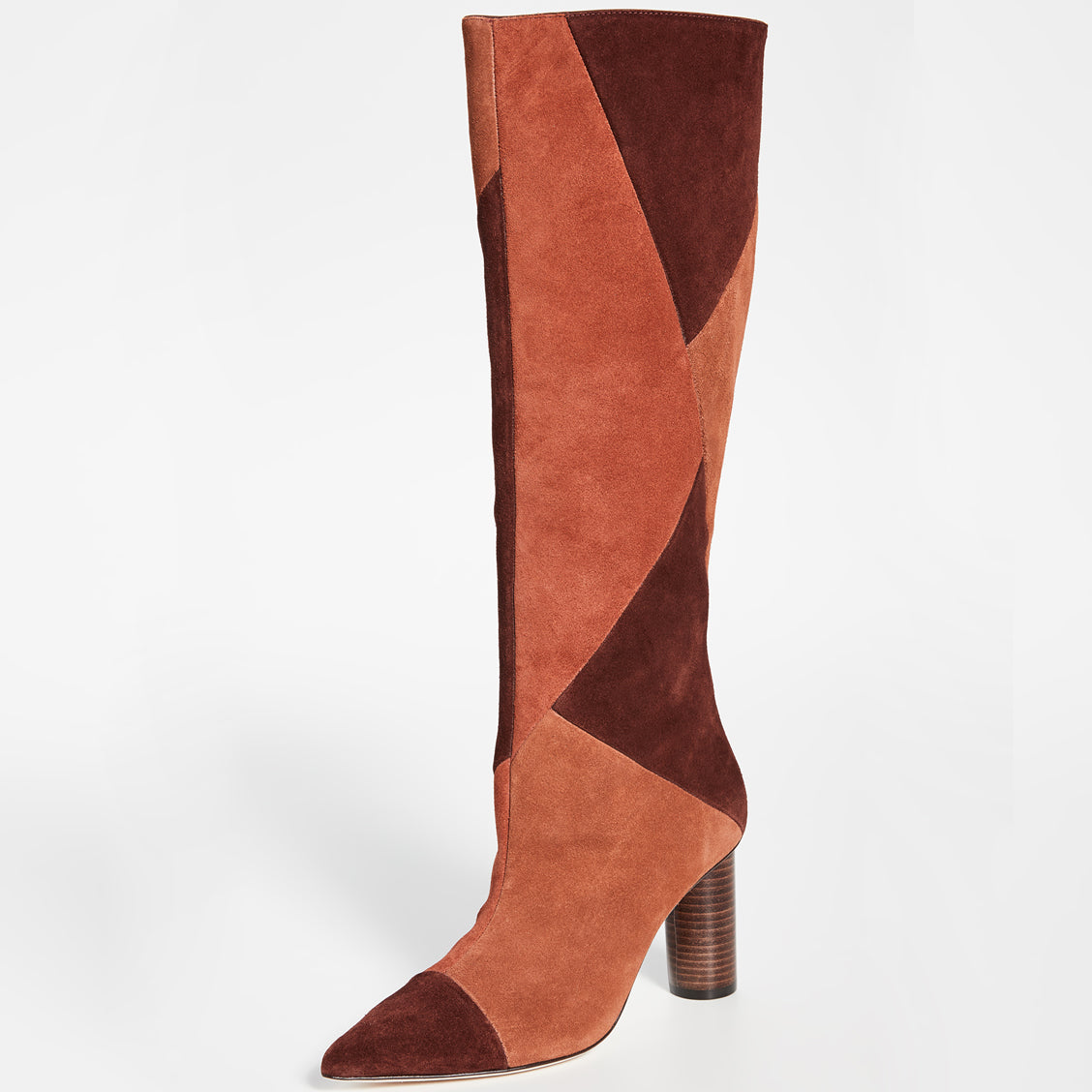 Tan & Maroon Vegan Suede Patchwork Chunky Heel Knee High Boots