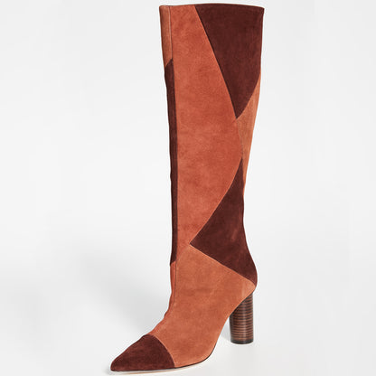 Tan & Maroon Vegan Suede Patchwork Chunky Heel Knee High Boots