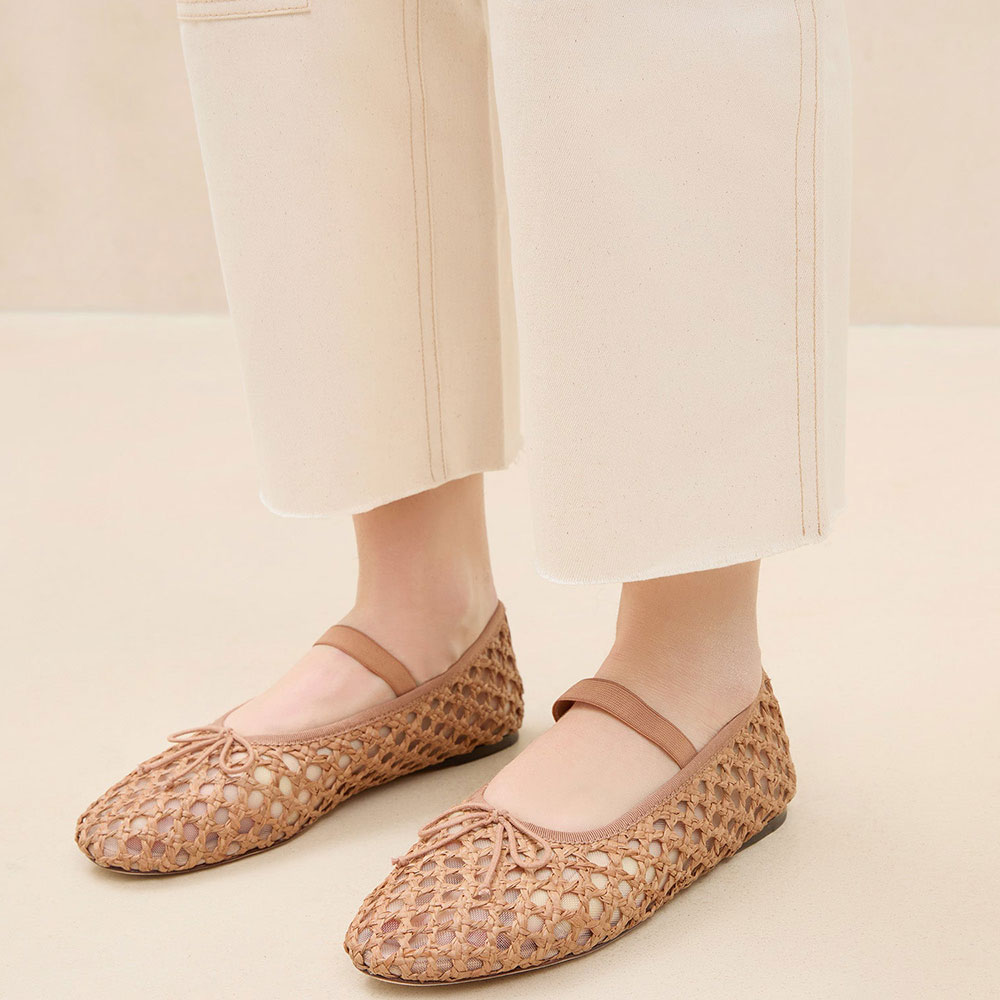 Nude Vegan Leather Round Toe Flat Woven Sophisticated Ballet Shoes
