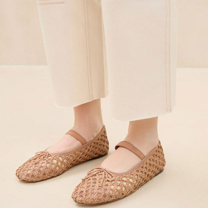 Nude Vegan Leather Round Toe Flat Woven Sophisticated Ballet Shoes