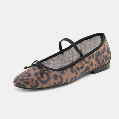 FSJ Casual Leopard Print Round Toe Mesh Flats with Bow Accent