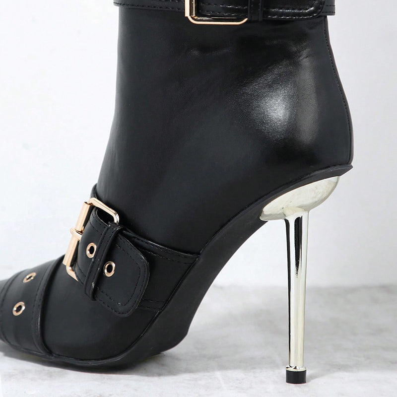 Black Faux Leather Pointed Toe Buckle Stiletto Heel Knee High Boots